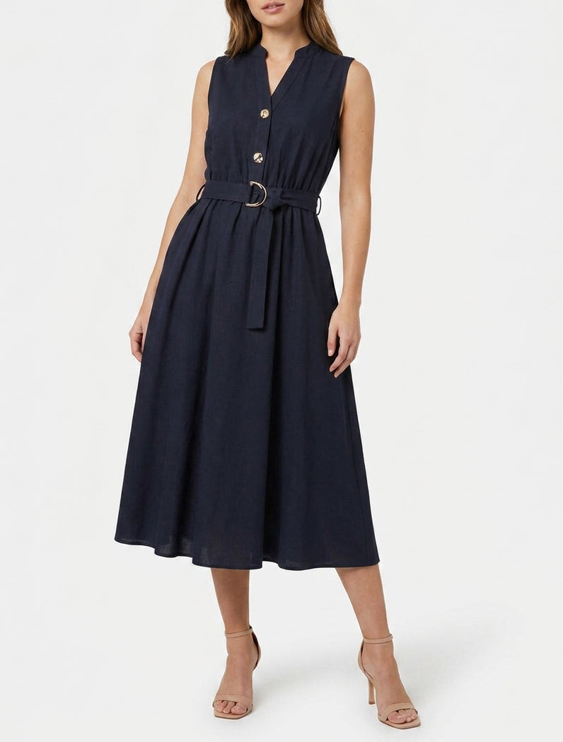 Vestido largo liso efecto lino - Marine