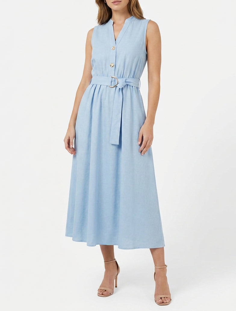 Vestido largo liso efecto lino - Azul cielo