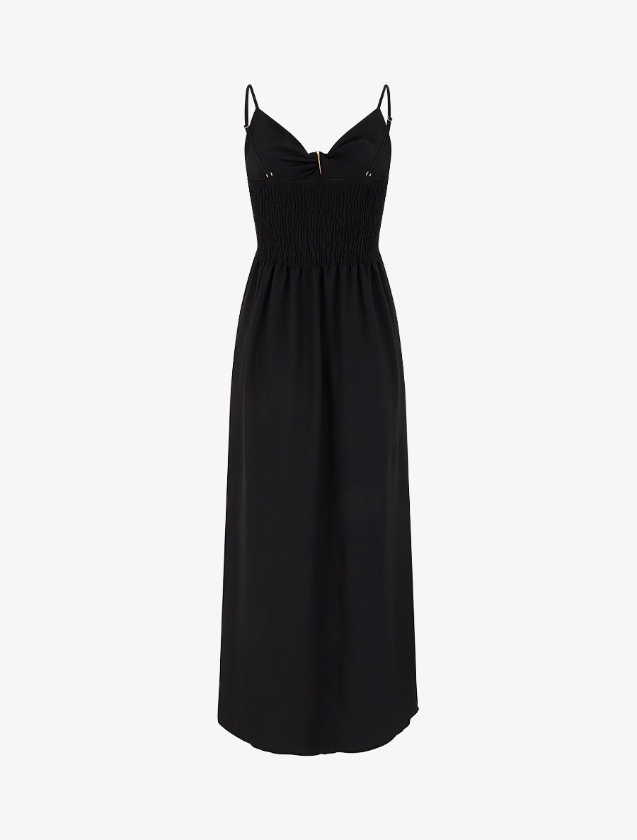 Robe longue unie à col V bijou - Noir - 2