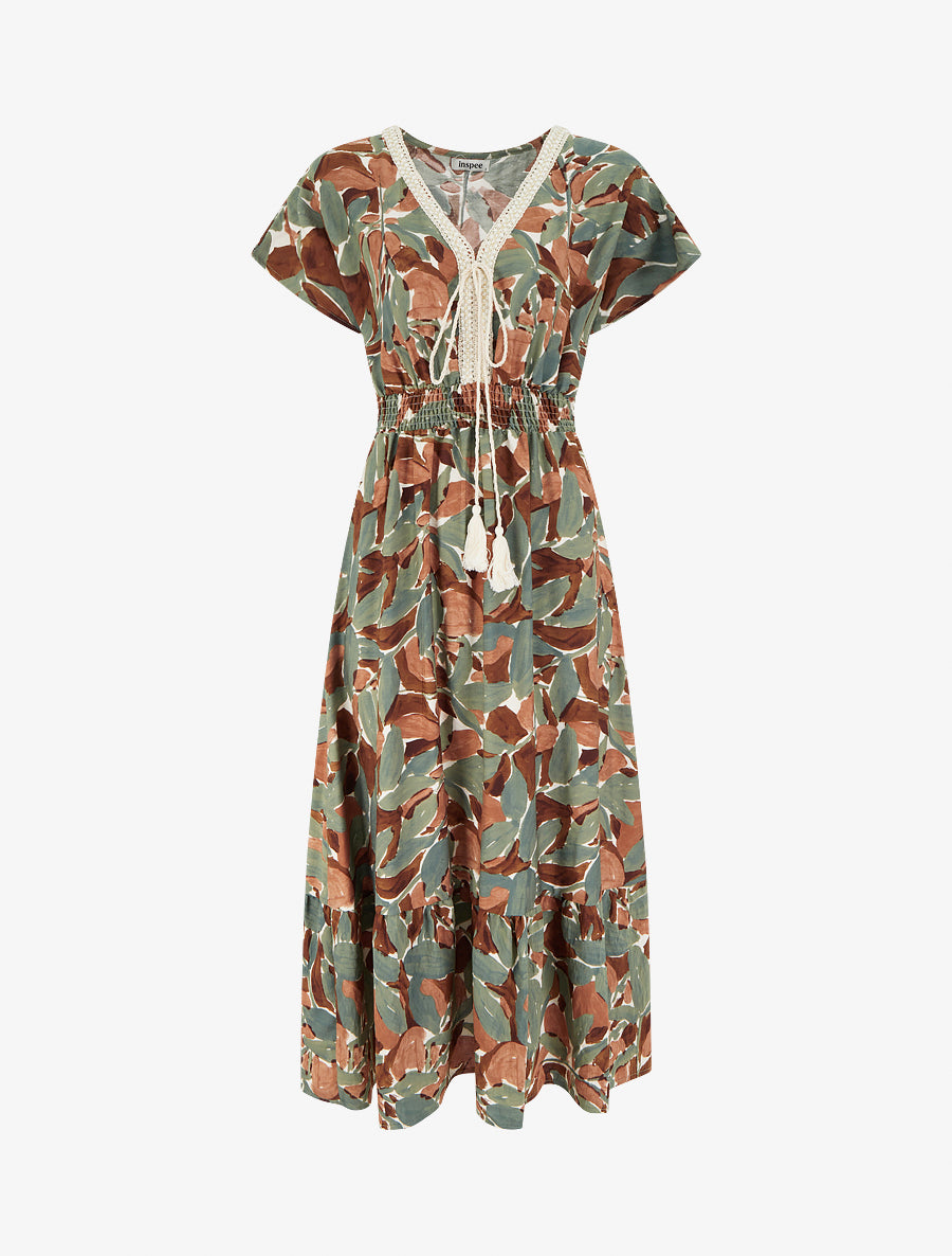 Robe à imprimé stylisé et col en crochet - Kaki - 1