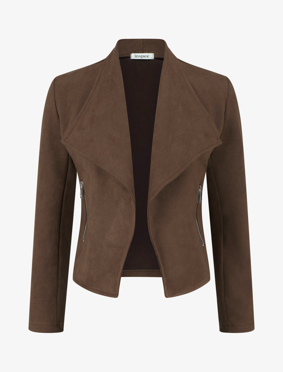 Chaqueta de ante con bolsillos decorativos con cremallera. - Marrón