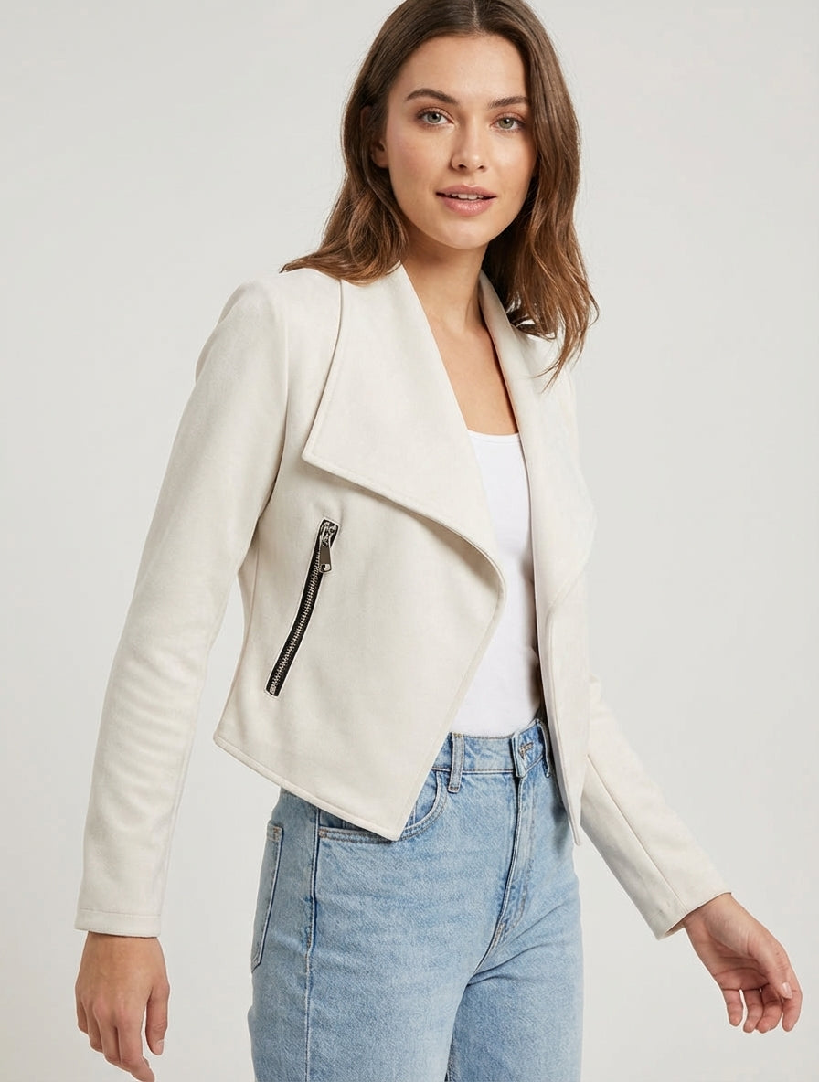 Chaqueta de ante con cuello chal - Crema