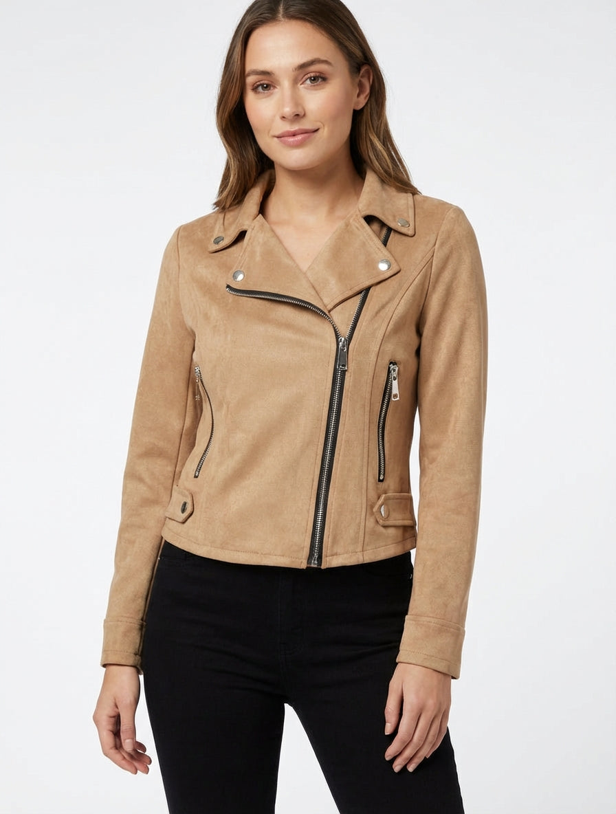 Chaqueta de gamuza con cierre de cremallera - Camello claro