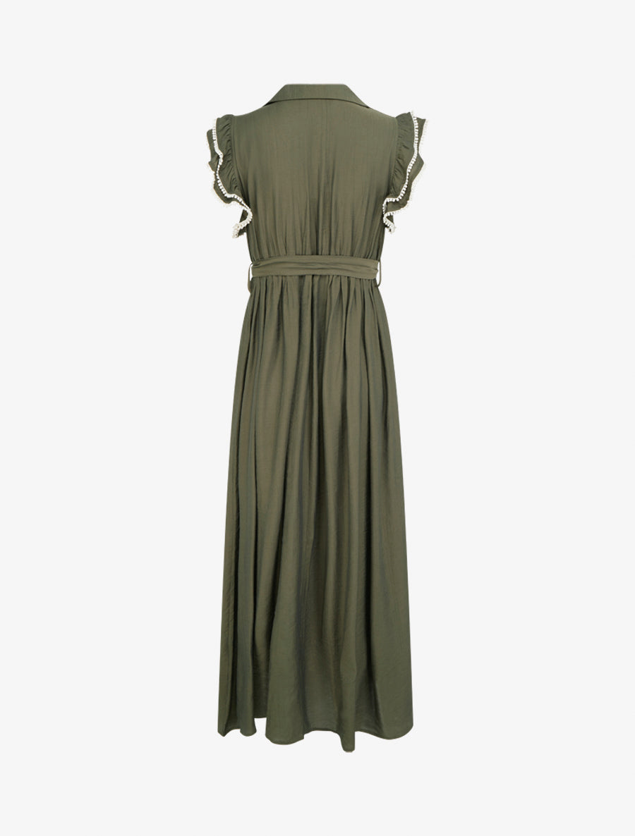 Robe longue à mancherons volantés en crochet - Kaki - 2