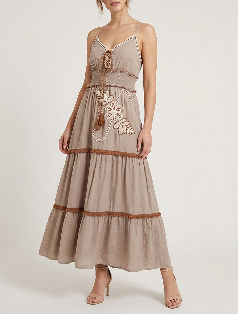 Vestido largo de tirantes finos y bordado floral - Topo