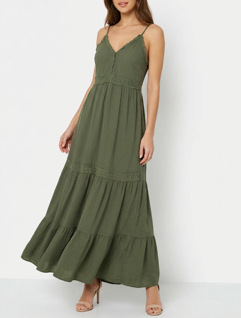 Vestido elástico con inserciones de crochet - Caqui