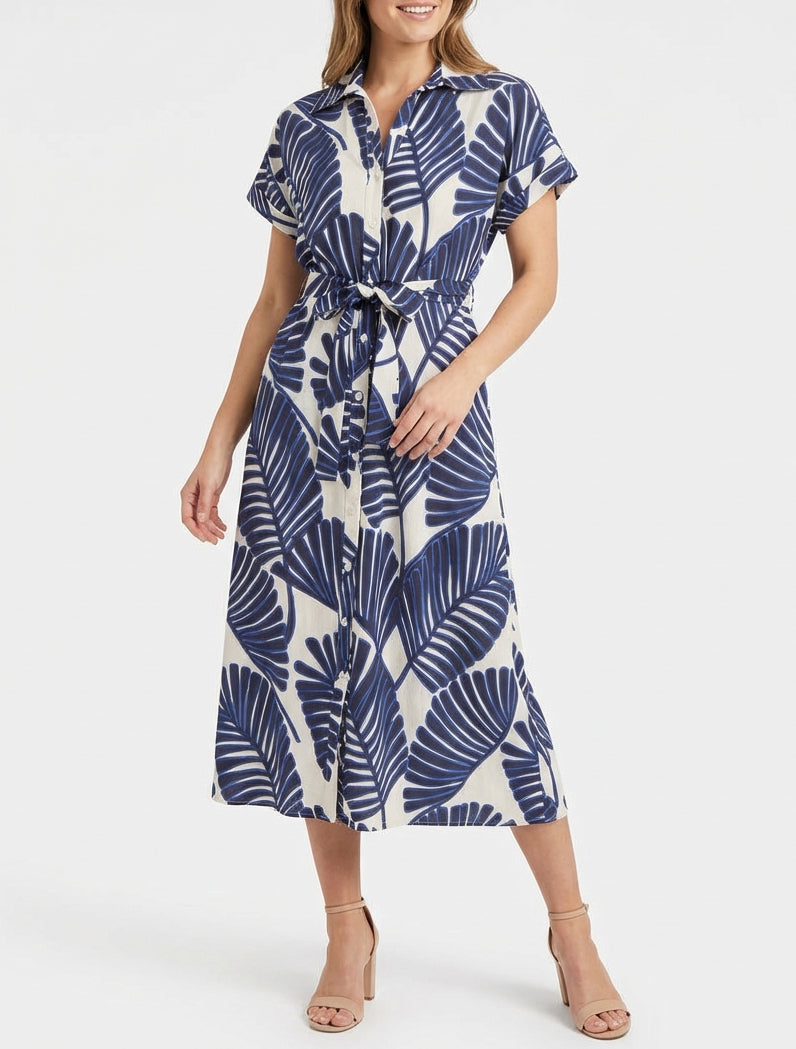 Vestido camisero estampado tropical de mangas cortas - Azul