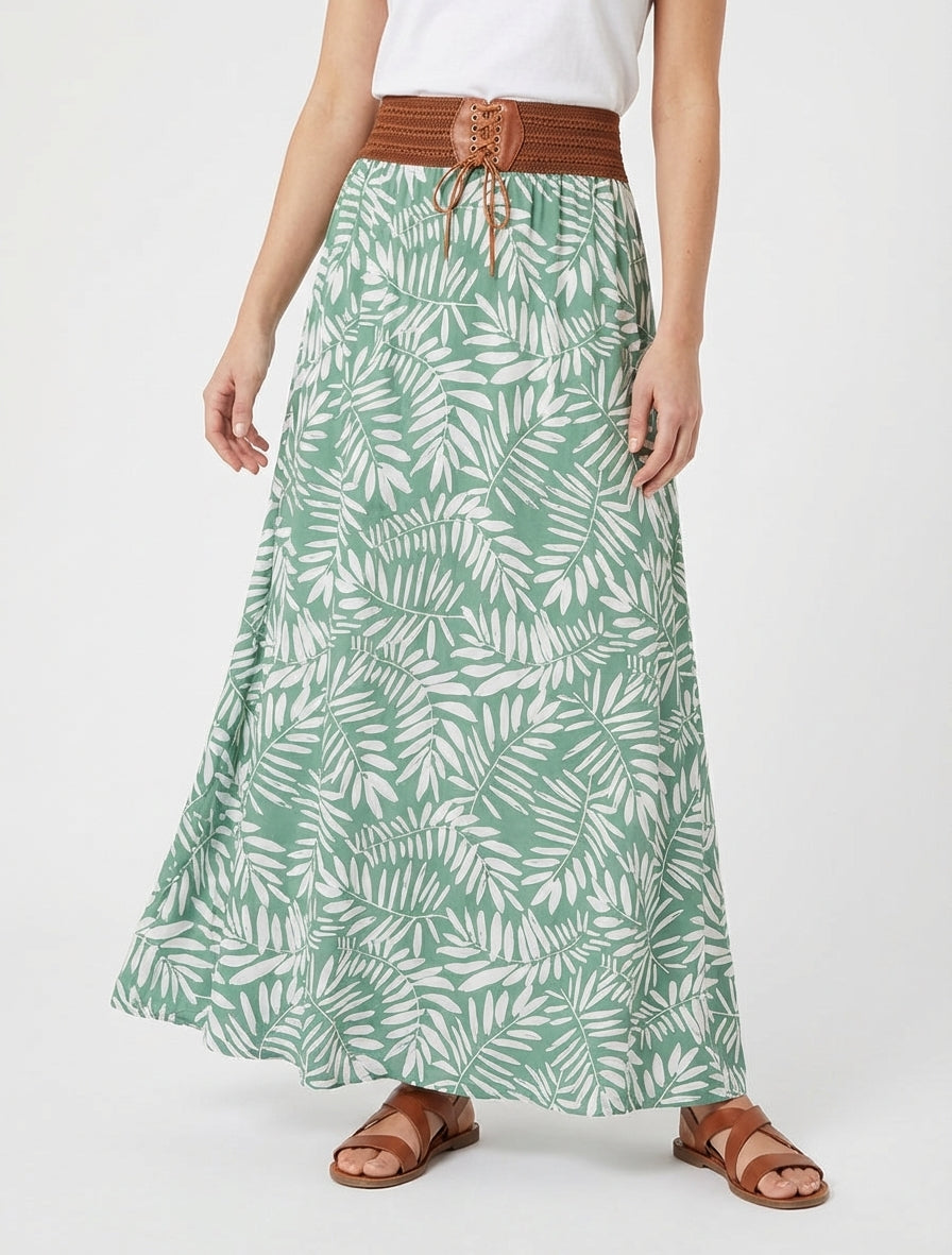Falda larga estampada con hojas y cintura elástica. - Verde agua