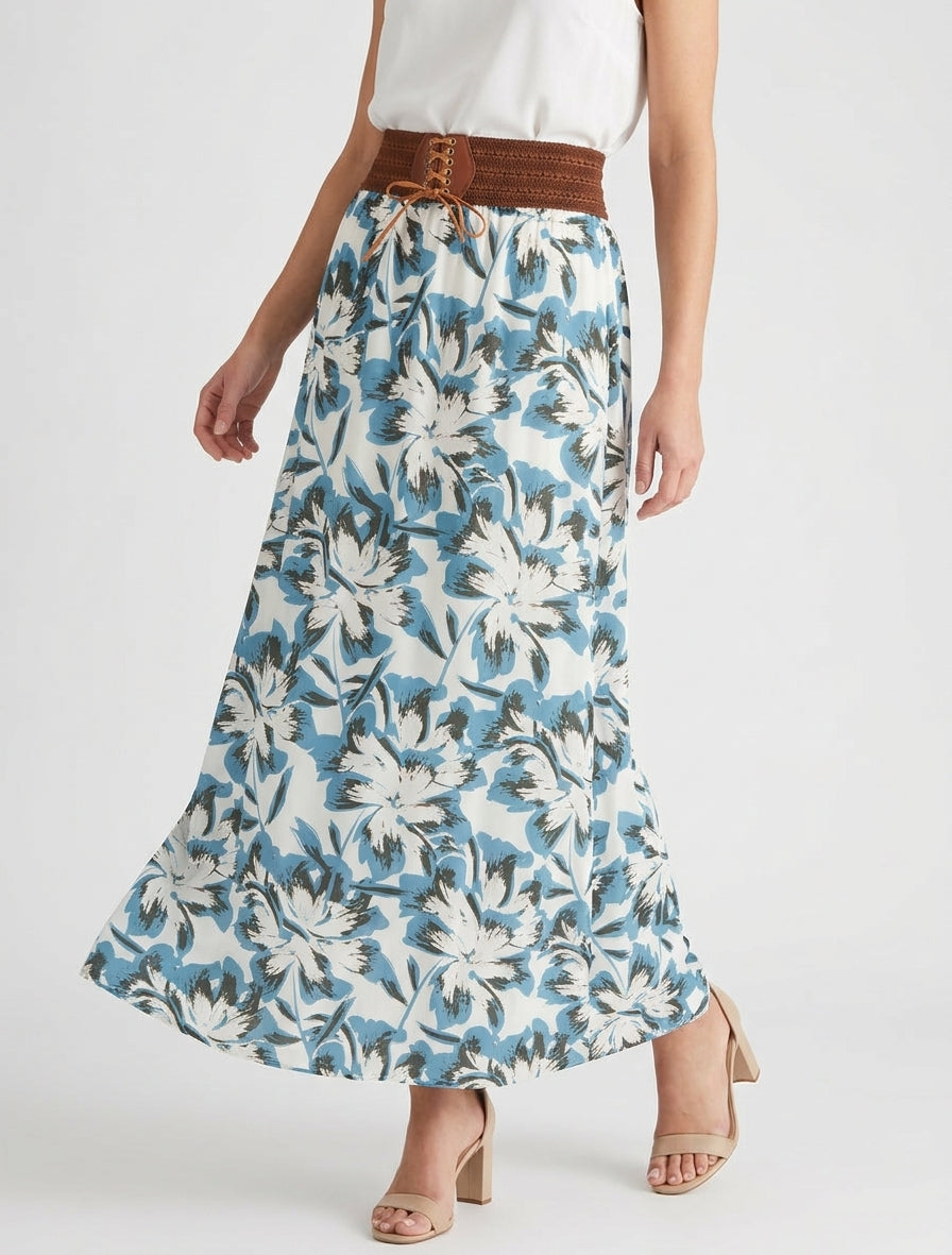 Falda larga elástica estampado floral - Azul claro