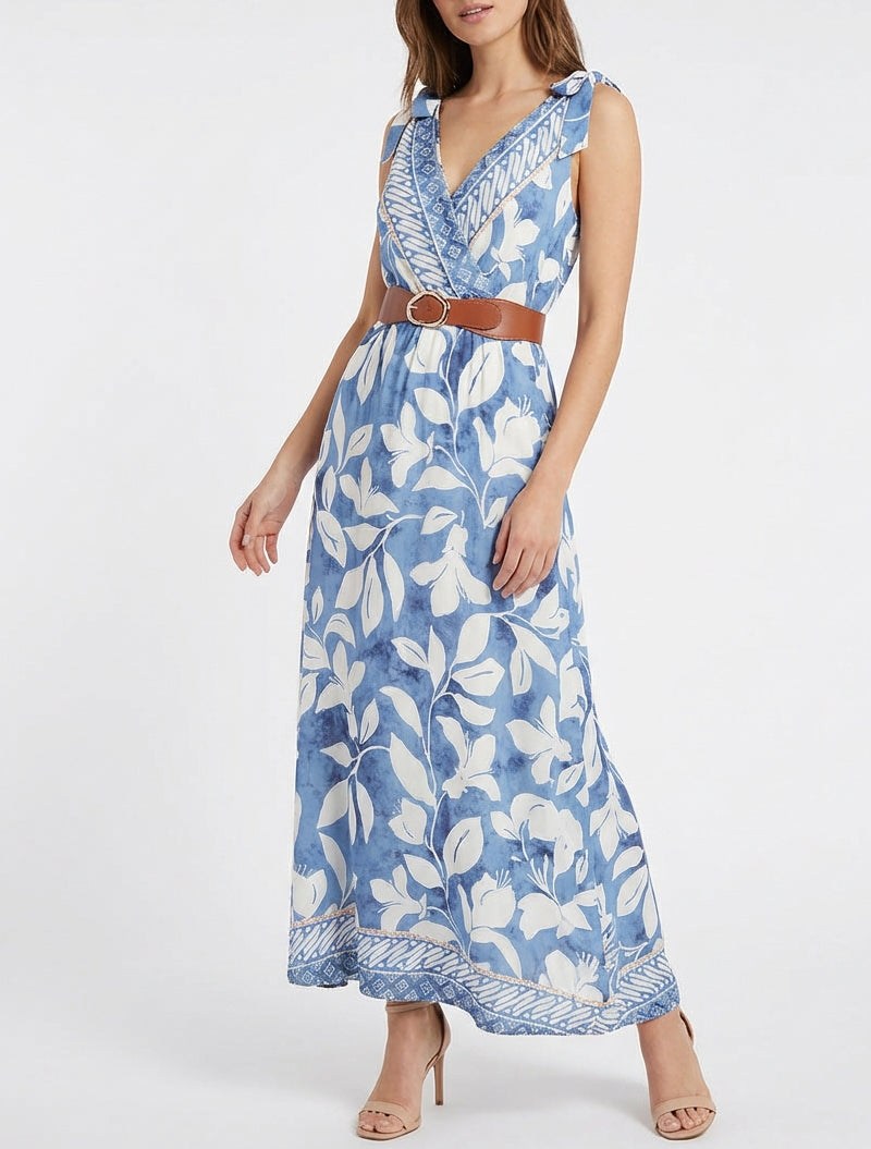 Vestido con estampado de flores tropicales y tirantes para atar - Azul claro