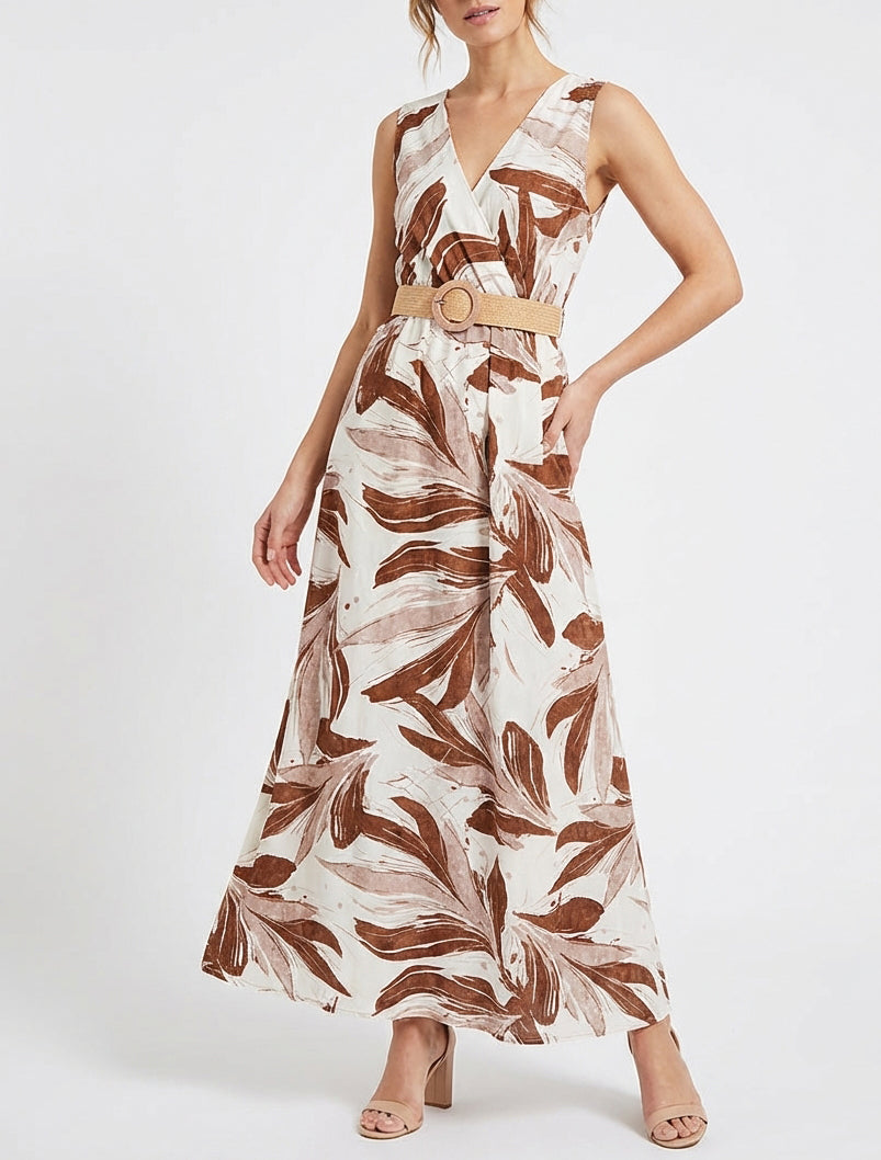 Vestido largo acampanado sin mangas con estampado fantasía - Marrón