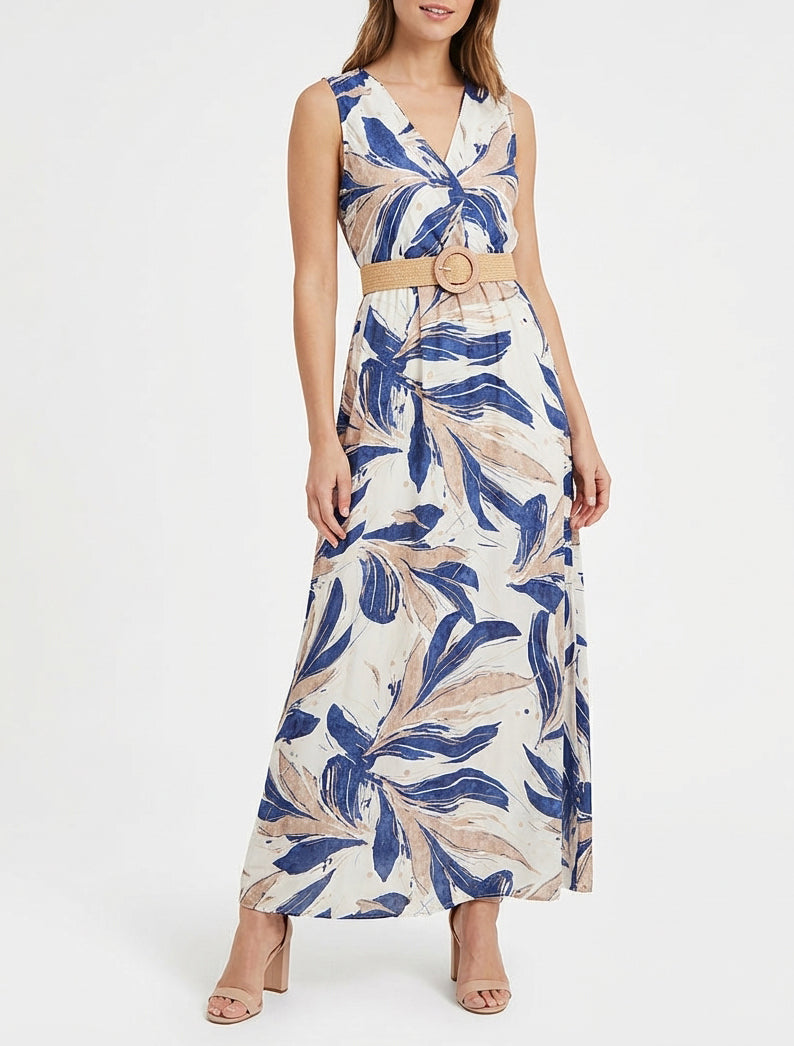 Vestido largo acampanado sin mangas con estampado fantasía - Azul