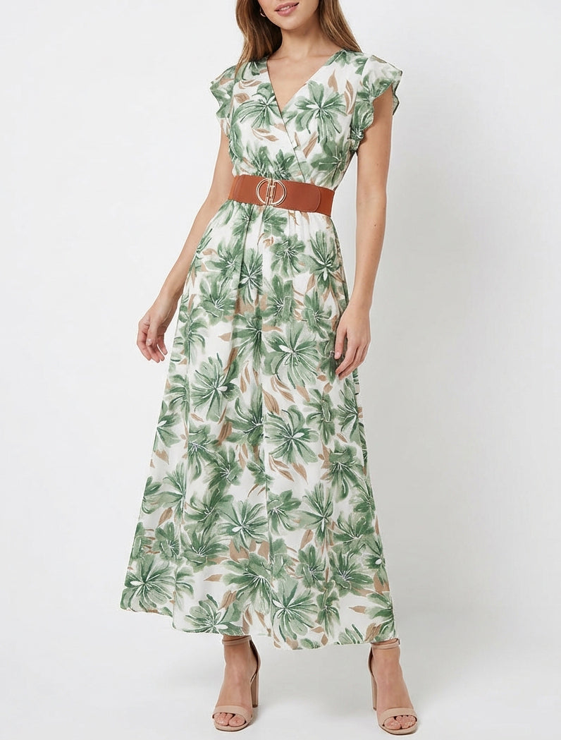 Vestido largo estampado floral de manga corta - Verde