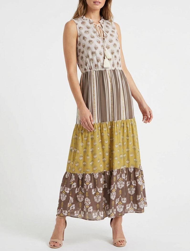 Vestido largo sin mangas con patchwork floral - Topo