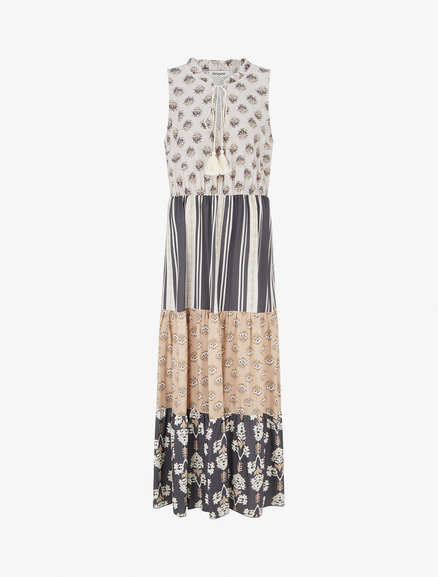 Robe longue sans manches à patchwork floral - Noir - 1