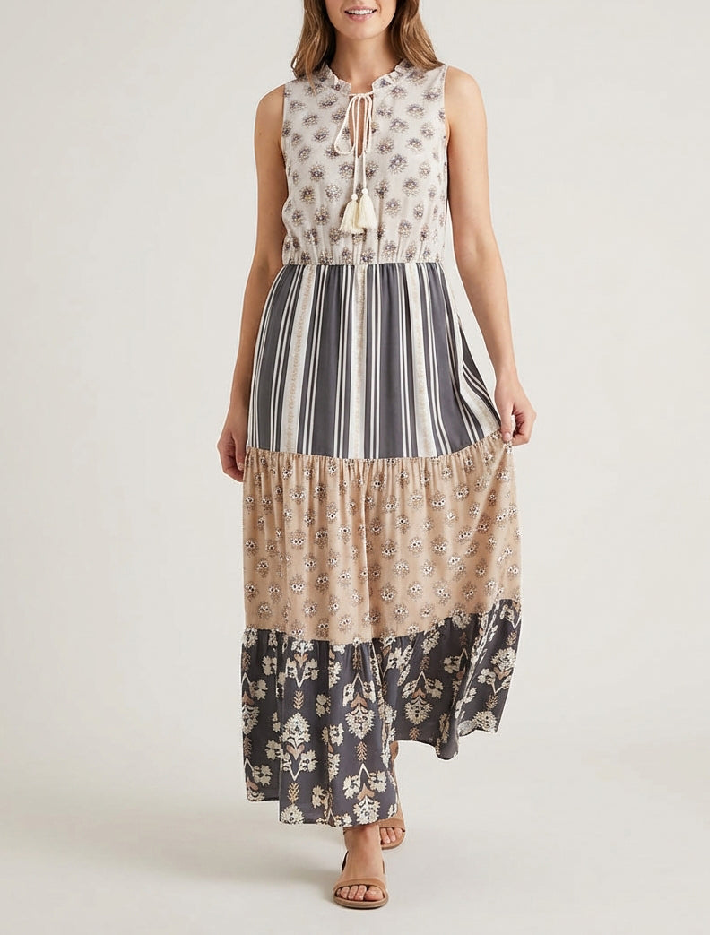 Vestido largo sin mangas con patchwork floral - Negro