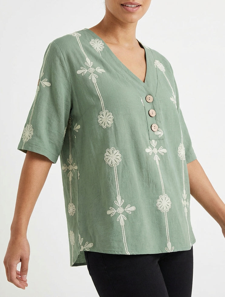 Top holgado de mangas cortas con estampado floral - Caqui