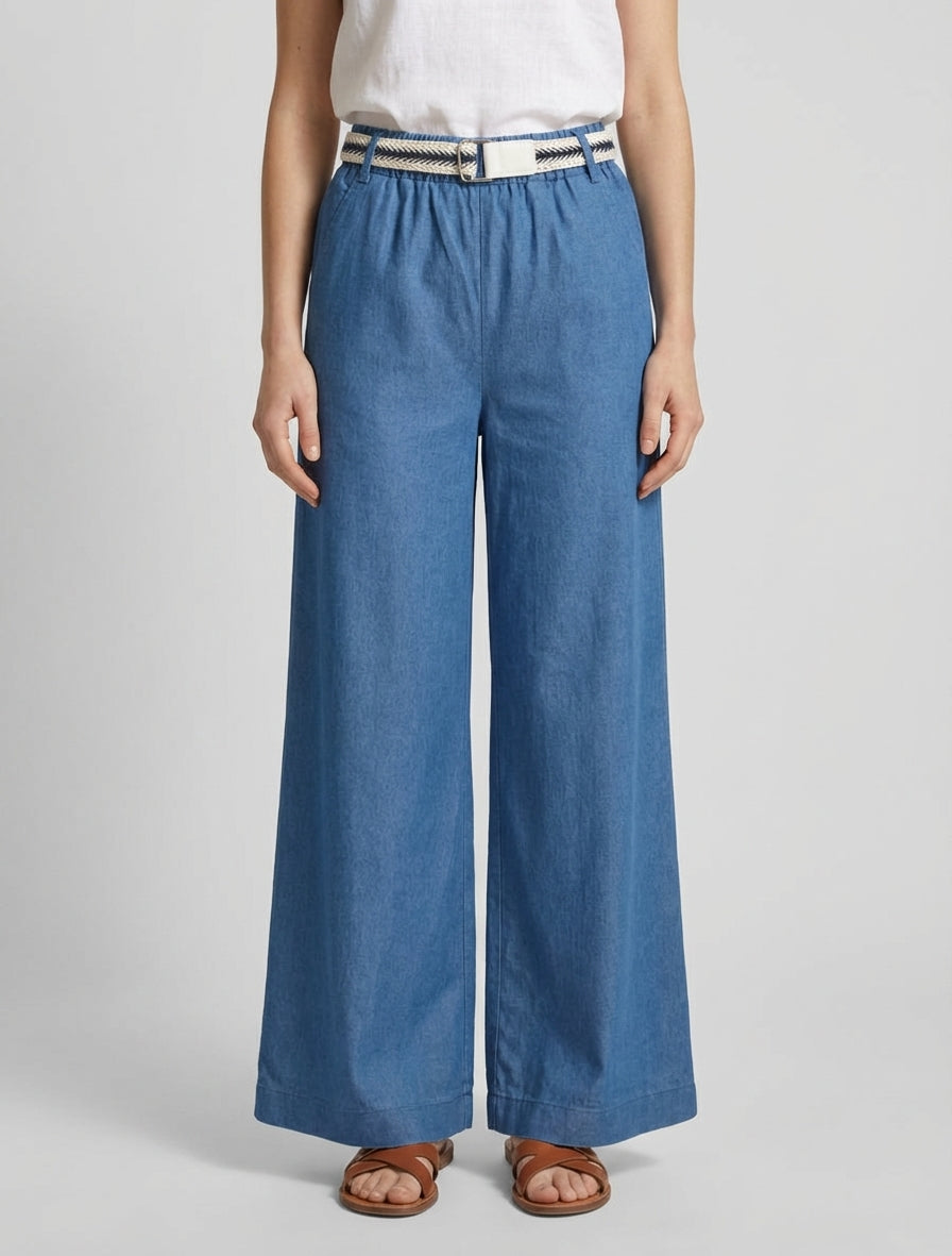 Pantalón ancho de cintura alta con cinturón - Azul denim
