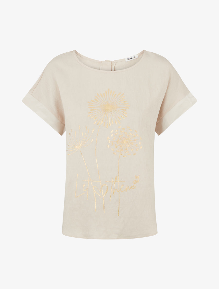 Top manches courtes à flocage pissenlit et message - Beige - 1