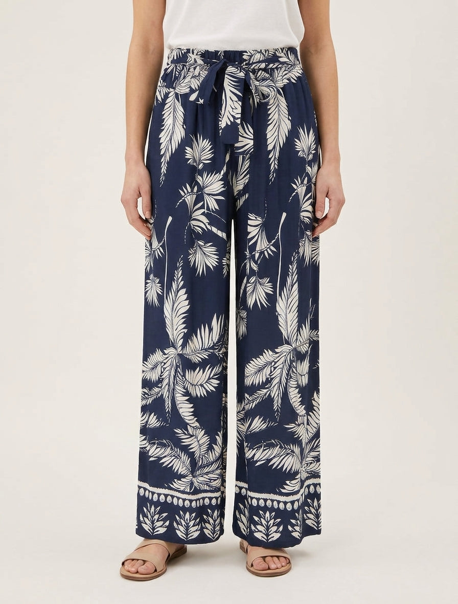 Pantalón elástico fluido estampado de follaje - Marine