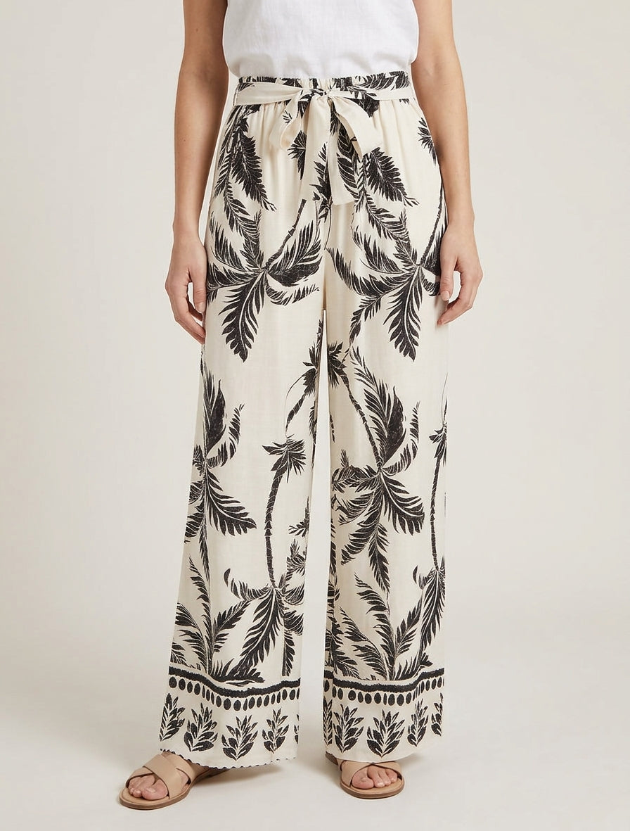 Pantalón elástico fluido estampado de follaje - Beis