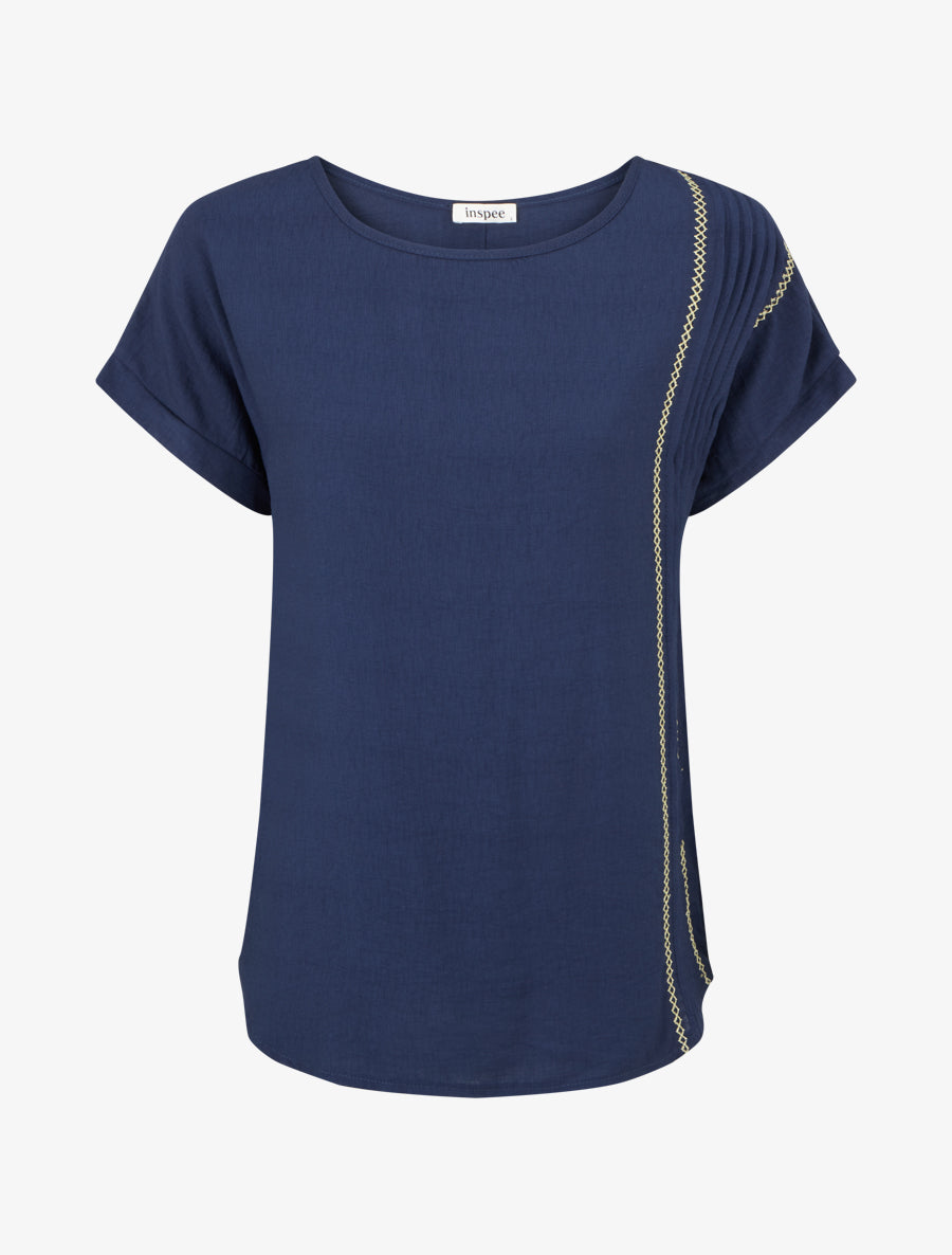 Top ample manches courtes à détail plissé - Marine - 1