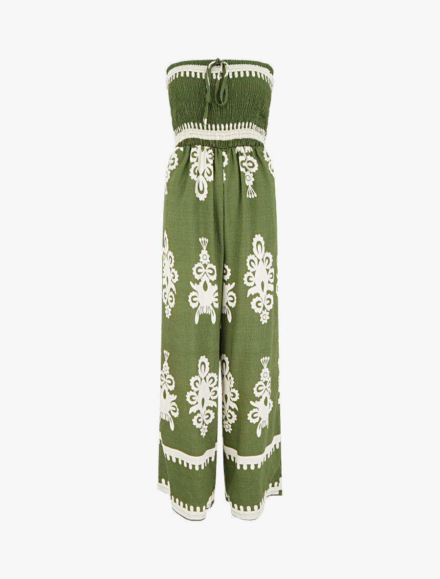 Combinaison à bustier élastiquée et imprimé graphique - Kaki - 1