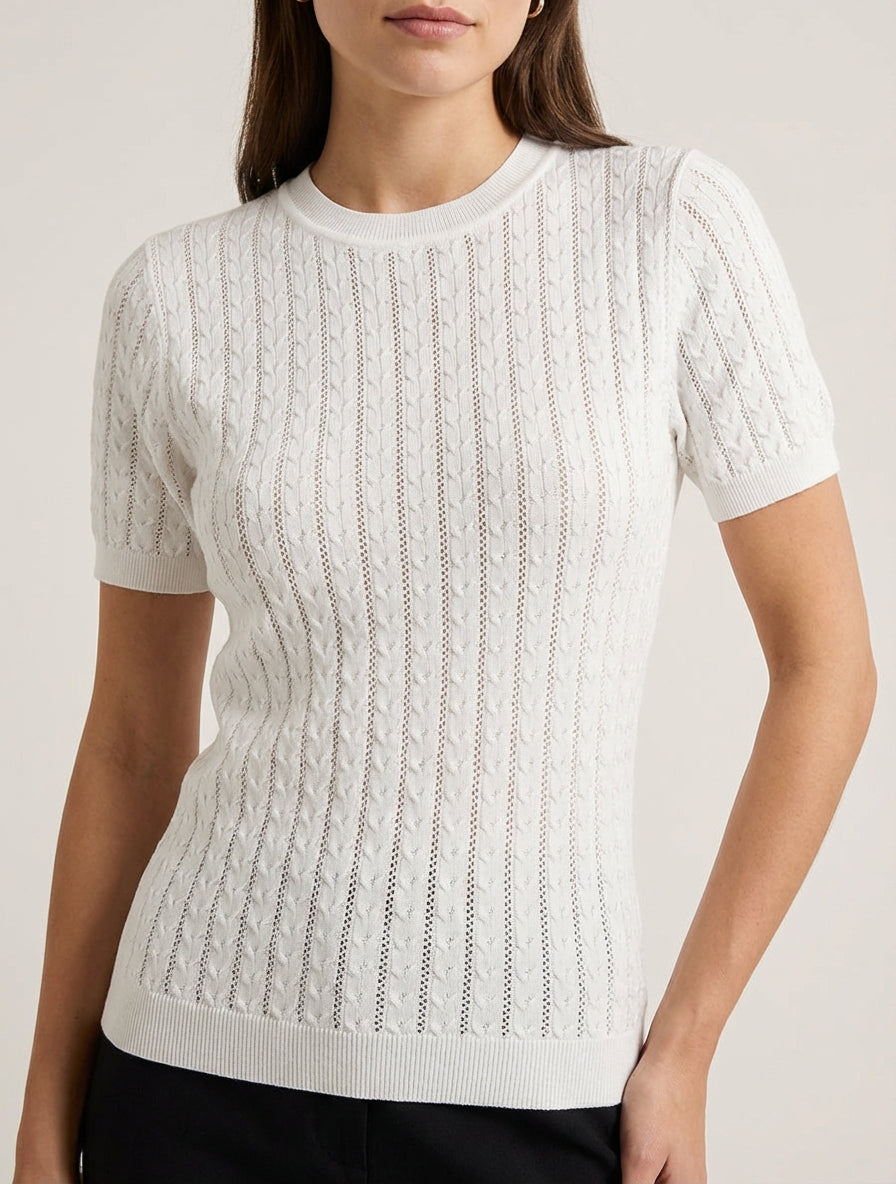 Jersey liso calado de manga corta - Blanco