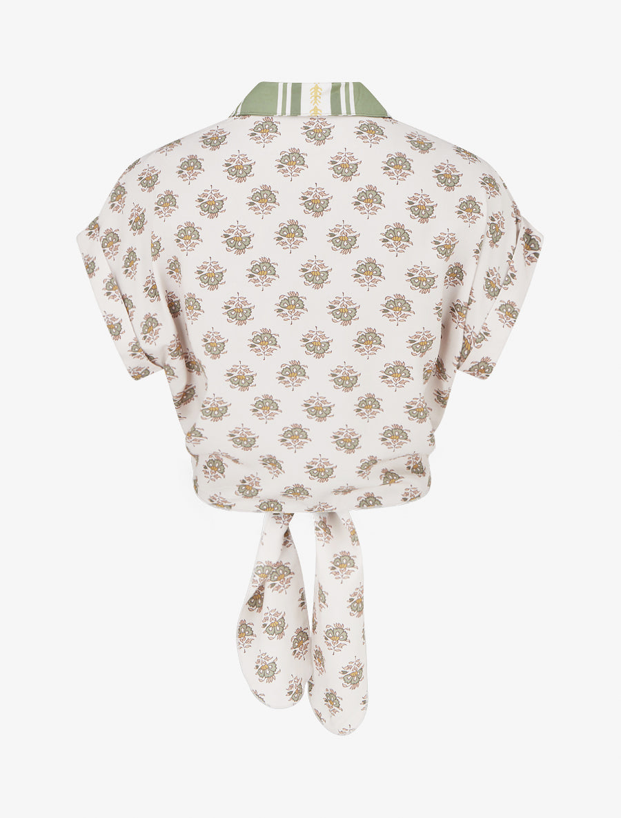 Chemise courte à nouer imprimé floral - Vert olive - 2