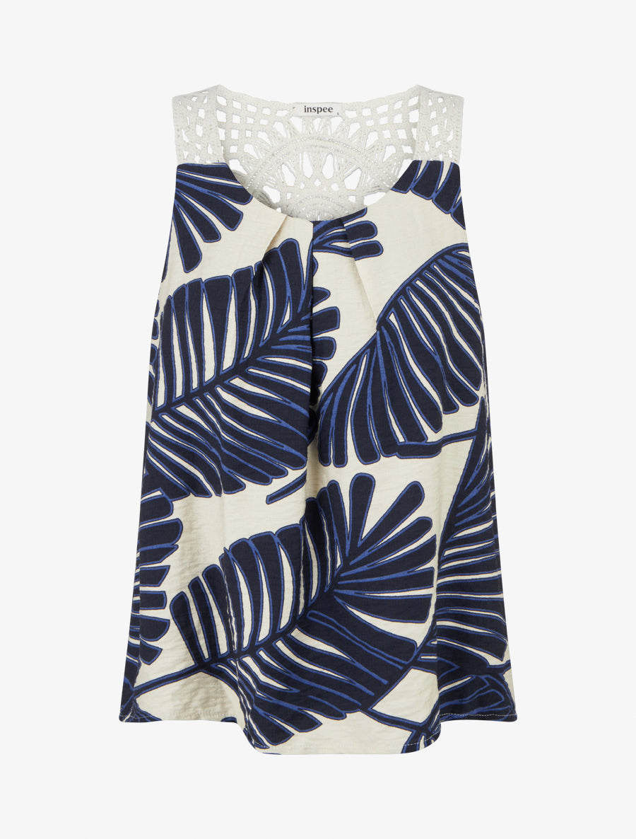 Top imprimé feuille de palmier à bretelles crochet - Marine - 1