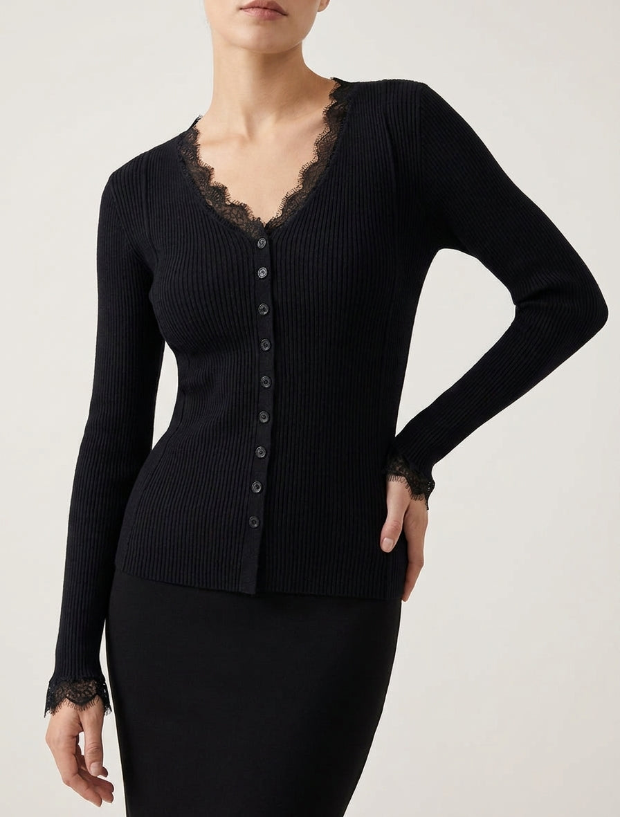Jersey ajustado con cuello en V de encaje y botones - Negro
