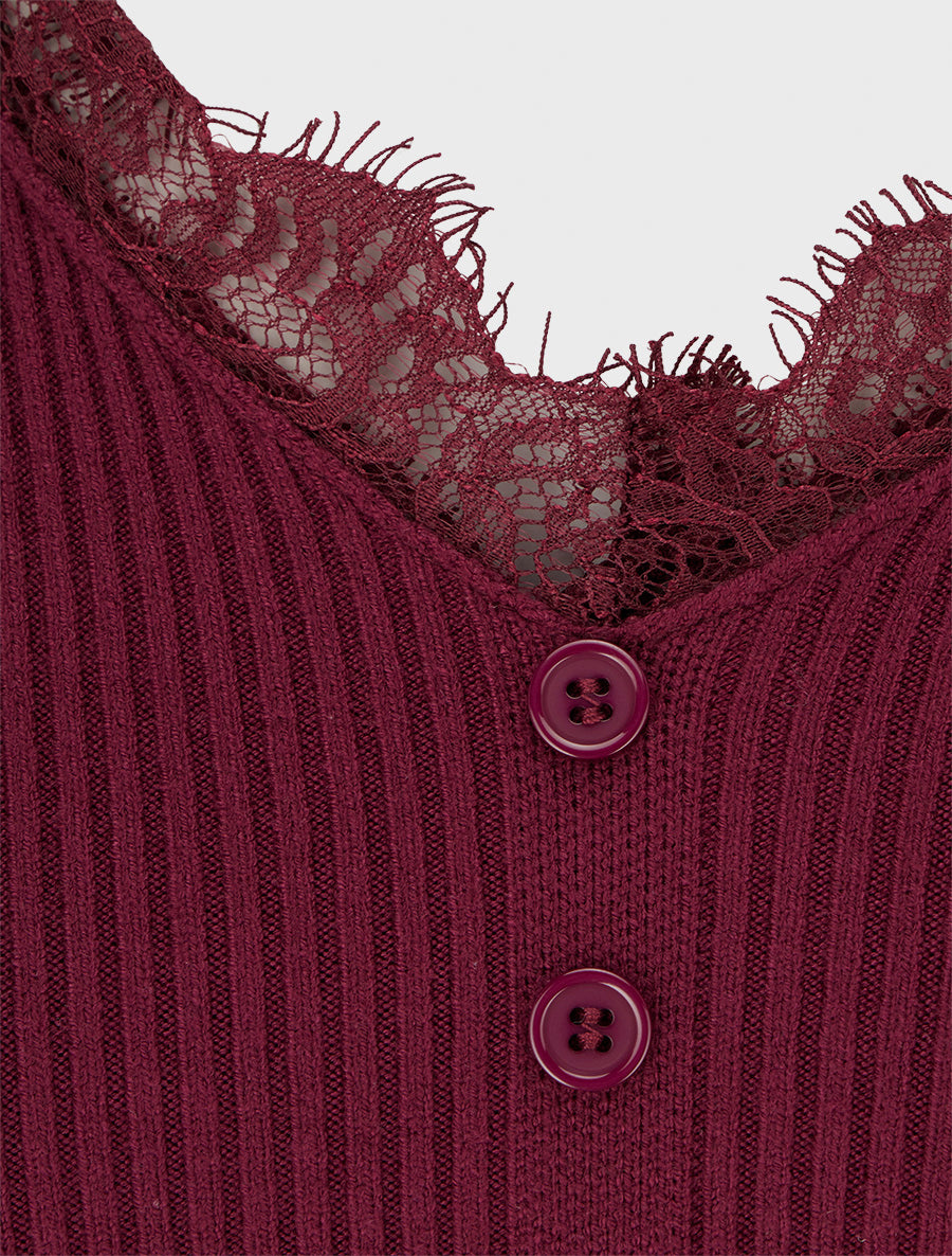 Pull ajusté à col V dentelle et boutons - Violine - 3