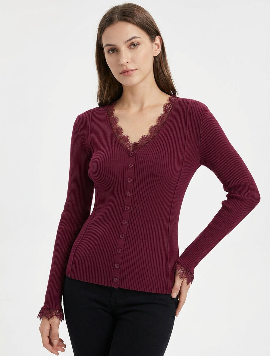 Jersey ajustado con cuello en V de encaje y botones - Violín