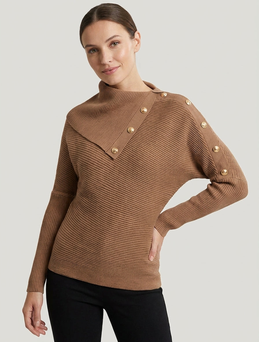 Jersey liso con cuello alto estilizado - Camello