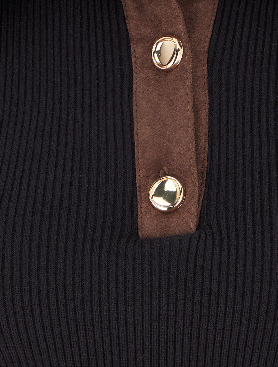 Pull fin en maille à col boutonné en suédine - Noir - 3