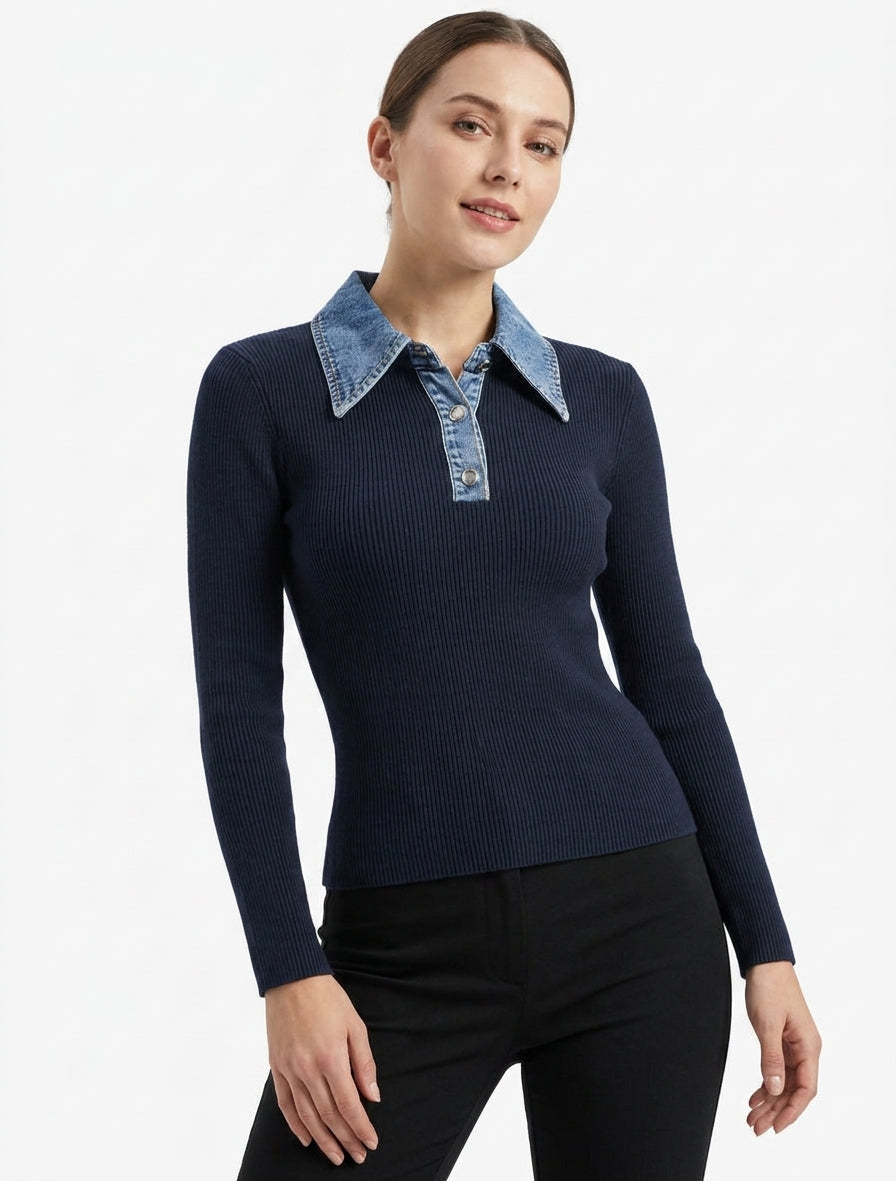Suéter fino de punto con cuello abotonado en denim - Marine