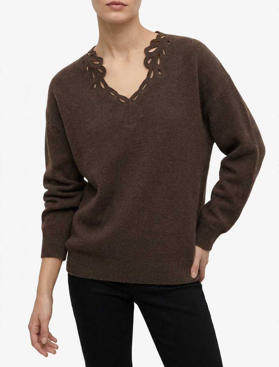 Jersey liso con cuello en V calado - Marrón