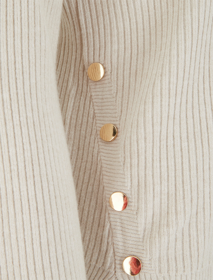 Pull côtelé à empiècement boutons décoratifs - Beige - 3