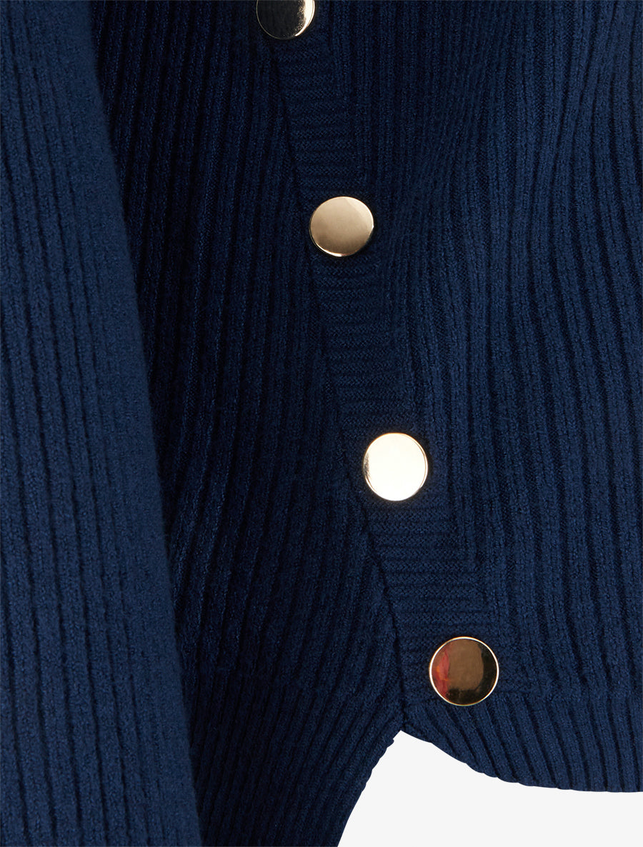 Pull côtelé à empiècement boutons décoratifs - Marine - 3