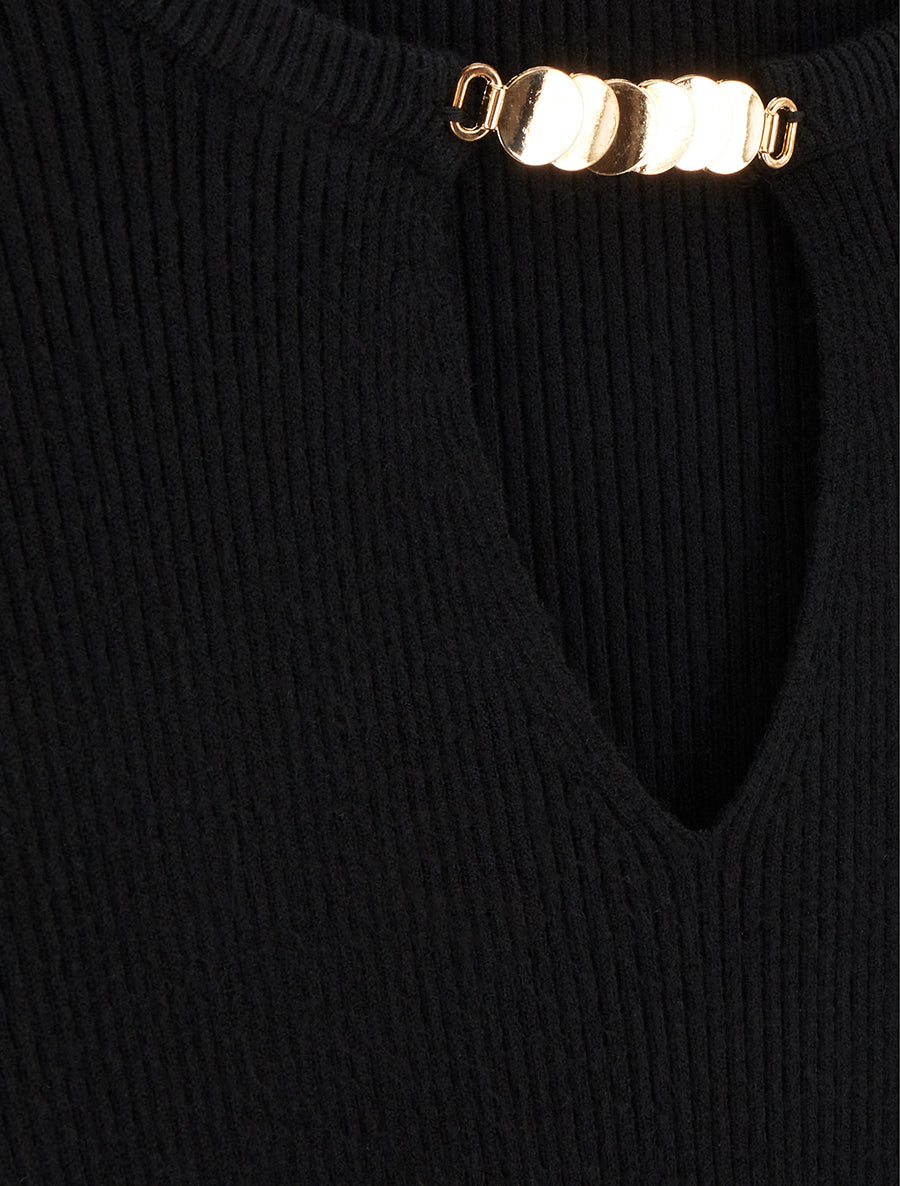 Pull côtelé à empiècement bijou - Noir - 3