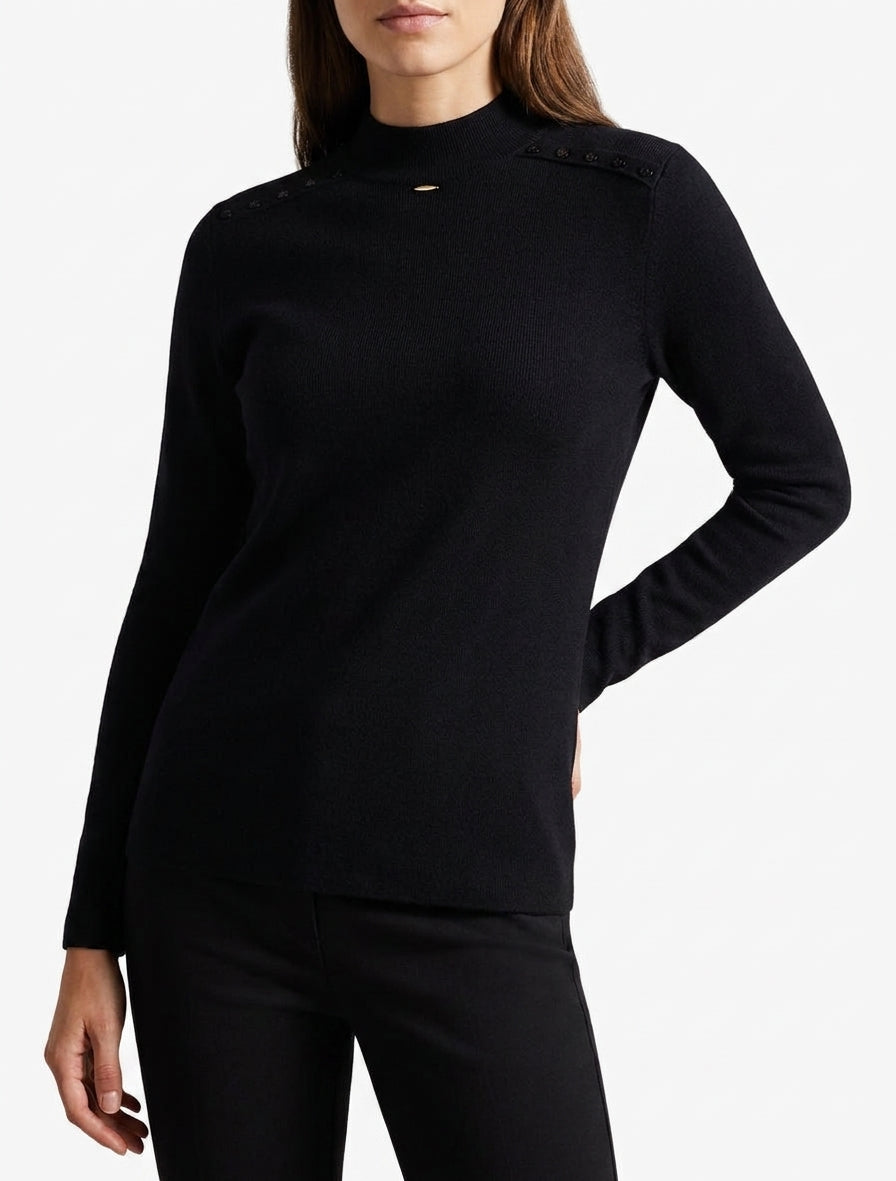 Suéter recto con cuello alto y botones decorativos - Negro