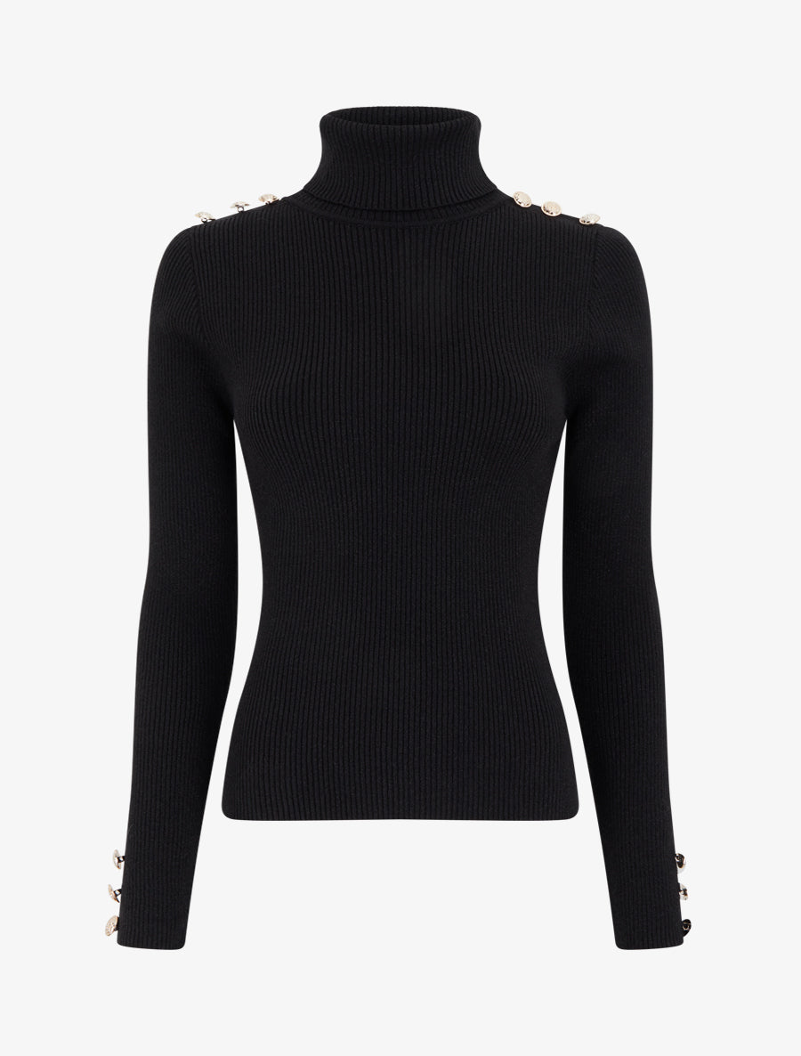 Pull en maille côtelée pailleté à col roulé - Noir - 1