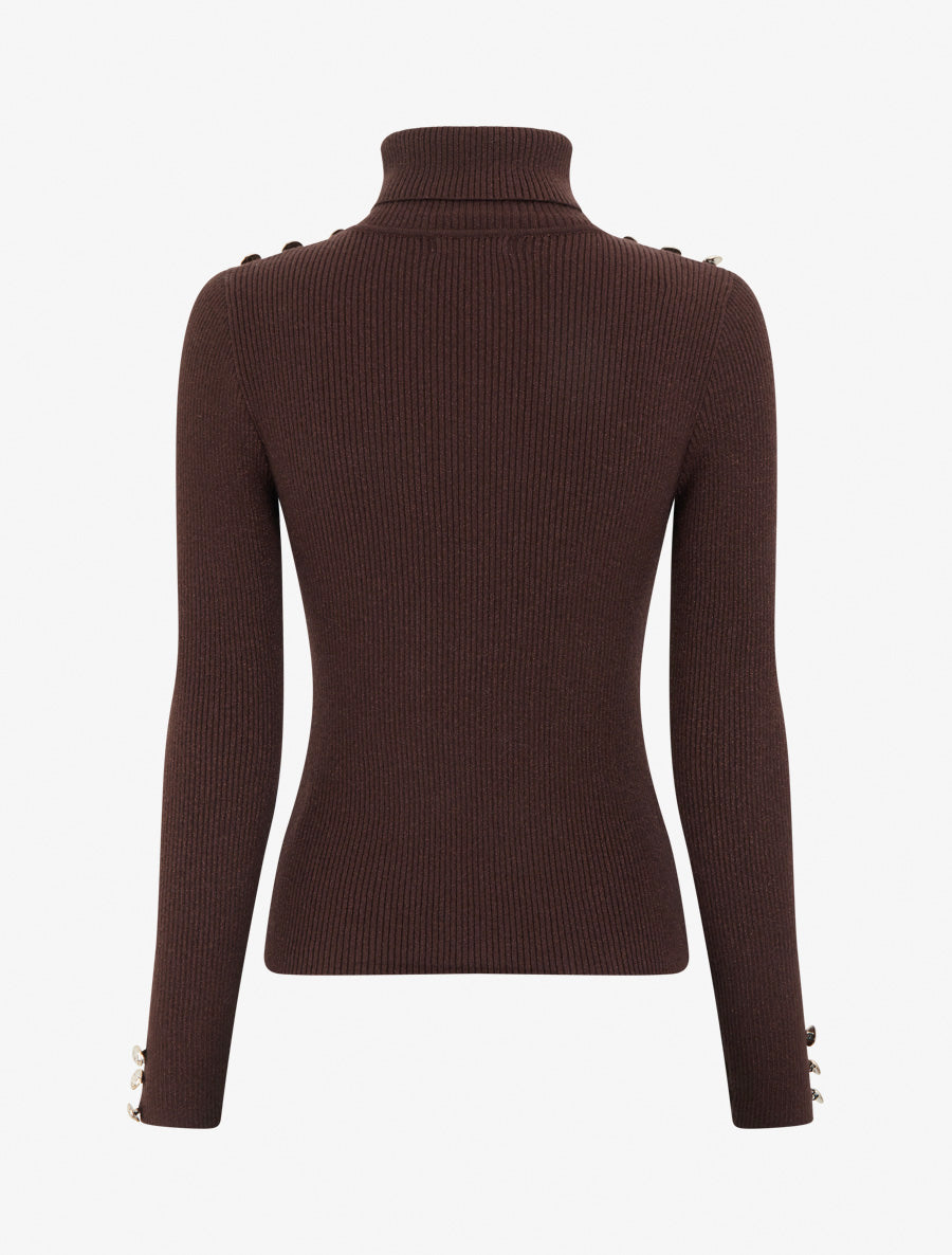 Pull en maille côtelée pailleté à col roulé - Marron - 2