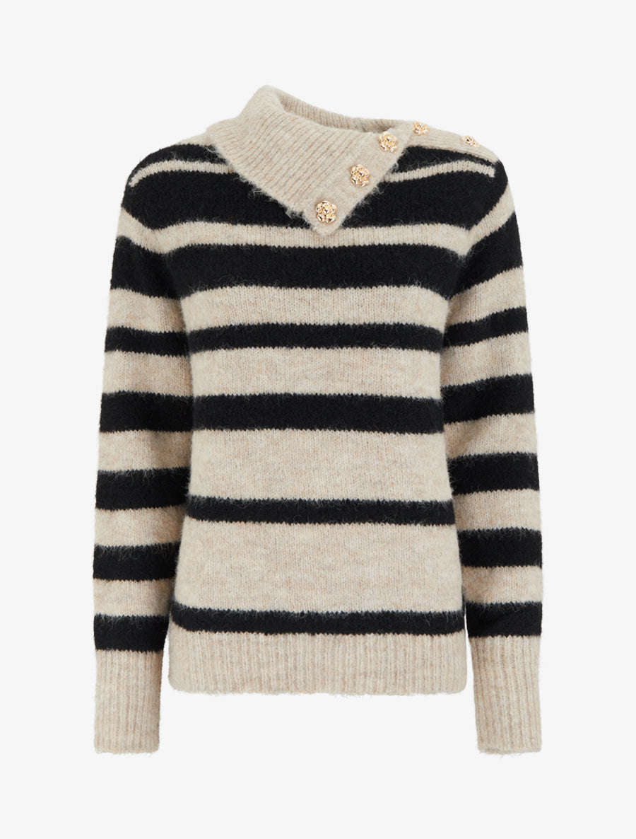 Pull rayé à col châle fantaisie et bouton bijoux - Noir/taupe - 1