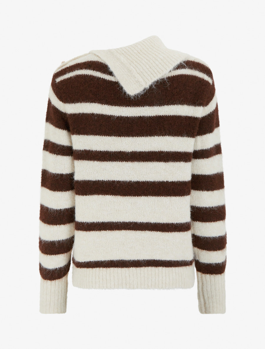 Pull rayé à col châle fantaisie et bouton bijoux - Marron/beige - 2