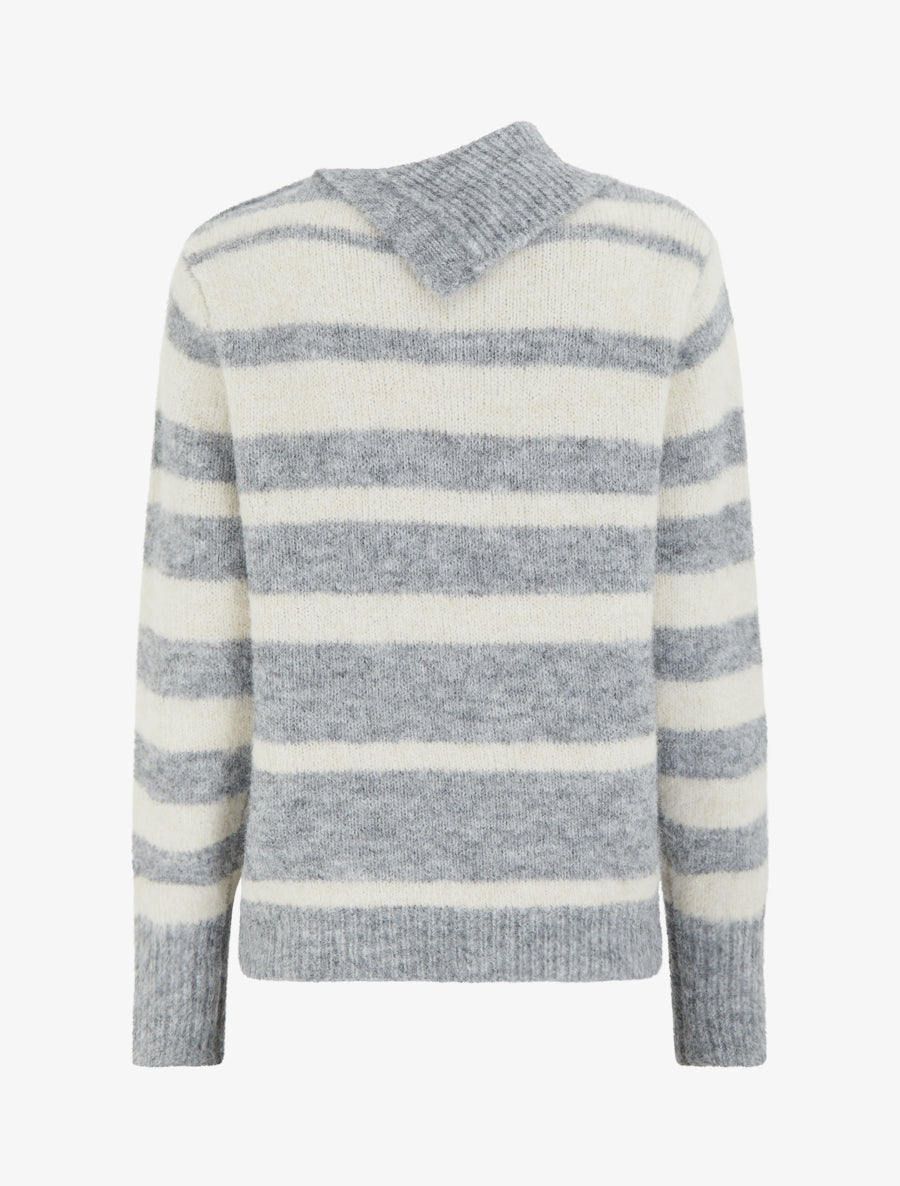 Pull rayé à col châle fantaisie et bouton bijoux - Gris/beige - 2