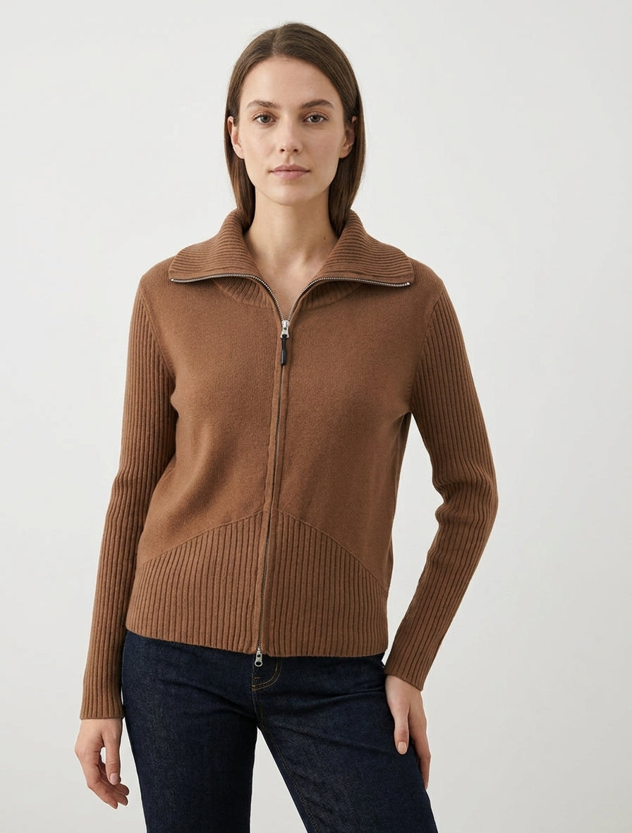 Chaqueta de punto con cremallera - Camello