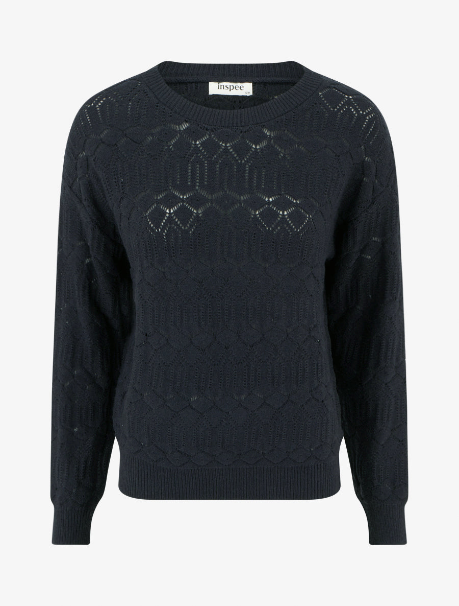Pull uni ajouré à col rond - Bleu nuit - 1