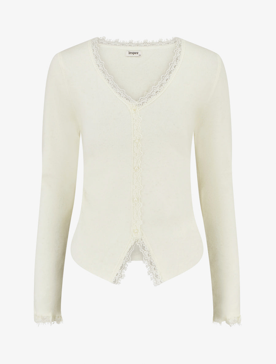 Pull côtelé à fils irisés et dentelle - Blanc - 1