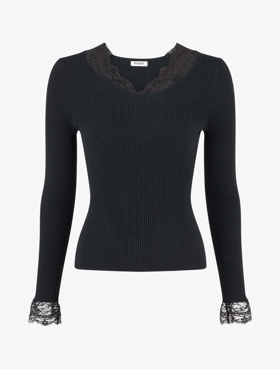 Pull côtelé à col en dentelle - Noir - 1